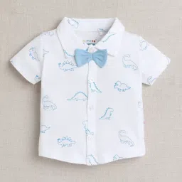 Bumzee Boys White & Sky Blue Half Sleeves Shirt & Short Set With Bow Suspender & Cap image 3