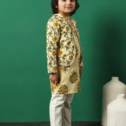 READIPRINT FASHIONS Kids Beige & White Floral Print Full Sleeves Jacket Style Kurta with Pyjamas image 3