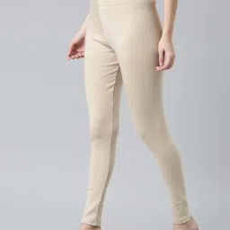 go colors! Go Colors Cotton Stretch Ribbed Warm Leggings For Women | Light Weight, Mid Rise, Light Beige image 3