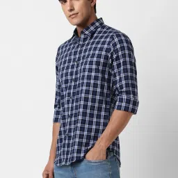 Peter England Navy Cotton Slim Fit Checks Shirt image 3