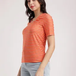 Fablestreet Orange & White Cotton Striped T-Shirt image 3