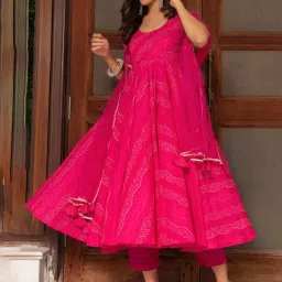 Pomcha Jaipur Pink Bhandhej Cotton Anarkali Kurta with Pant and Dupatta image 3