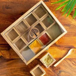ExclusiveLane Brown Teak Wood Tree Of Life Spice Box With Spoon (0.055 L) - Set of 12-picture-36