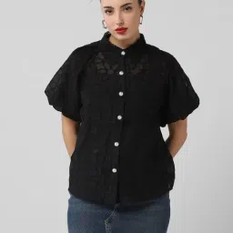 SHOWOFF Black Cotton Embroidered Short Sleeves Shirt With Inner Slip-image-0