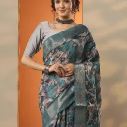 Libas Green Floral Print Saree With Unstitched Blouse image 5