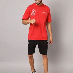 GRIFFEL Red & Black Loose Fit Printed T-Shirt & Shorts Set-picture-5