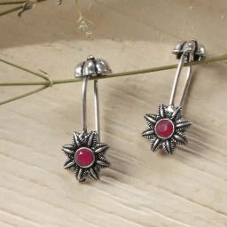 Teejh Ethnic Krisha Red Stone Silver Oxidsed Ear Cuff Earrings-picture-0