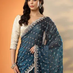 Libas Teal Embroidered Saree With Unstitched Blouse image 5