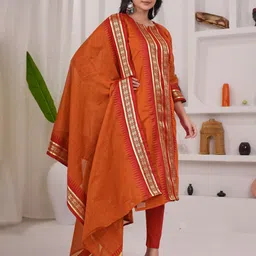 Vastukala Women Ethnic Motifs Printed Pure Kanchi Cotton Zari Kurta with Dupatta image 4