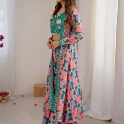 SAJAVAT ETHENIC WEAR Embroidered Round Neck Top & Palazzos With Shrug Co-Ords-picture-40