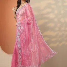 Libas Pink Embroidered Saree With Unstitched Blouse image 3