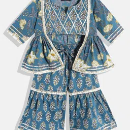 READIPRINT Three Fourth Sleeves Floral Printed & Gota Lace Embellished Mock Jacket Style Peplum Kurta With Seamless Flower Motif Printed Sharara - BLue-picture-12