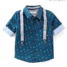 Babyoye 100% Cotton Full Sleeves Party Shirt with Suspender Alphabets Printed - Blue-image-30