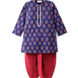 Babyhug 100% Cotton Full Sleeves Kurta & Dhoti Set With Floral Print - Blue & Red-picture-16