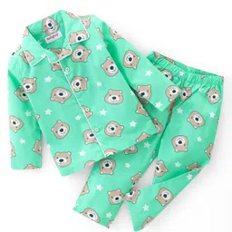Babyhug Cotton Poplin Woven Full Sleeves Night Suit Bear Print - Green-picture-25