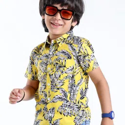 Babyhug 100% Cotton Knit Half Sleeve Regular Collar Shirt Leafy Print - Yellow-picture-29