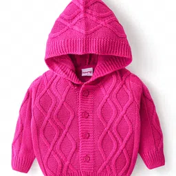 Babyhug Knitted Full Sleeves Front Open Hooded Sweater with Cable Knit Design - Pink-picture-22