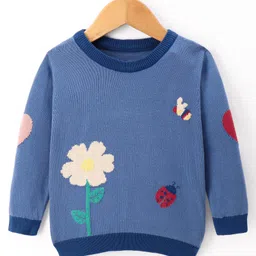ToffyHouse Cotton Knitted Full Sleeves Floral Designed Pullover Sweater - Blue-picture-20