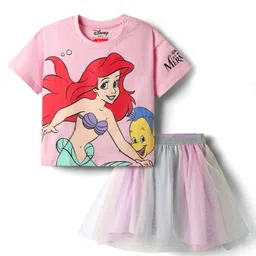 Babyhug Disney Single Jersey Knit Half Drop Shoulder Sleeves Top & Skirt Set With Disney Princess Graphics - Pink-picture-24