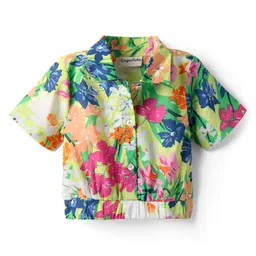 CrayonFlakes Cotton Woven Half Sleeves Floral Printed Shirt Style Crop Top - Green-picture-15