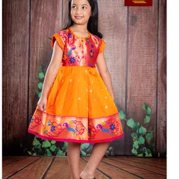 Bhartiya Paridhan Silk Woven Frill Sleeves Plated Ethnic Dress With Peacock Embroidery - Yellow image 1