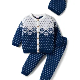 Babyhug Organic Cotton Knitted Full Sleeves Sweater Set With Floral Design & Cap - Navy Blue & White-picture-19
