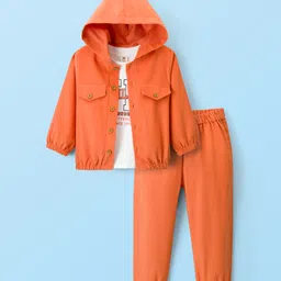 ToffyHouse Cotton Woven Full Sleeves Hooded Jacket T-Shirt & Joggers Set with Text Print - Orange & White-image-81