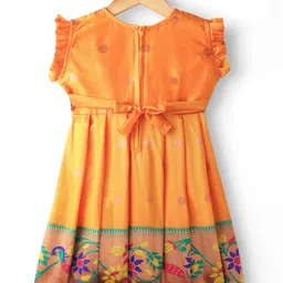 Bhartiya Paridhan Silk Woven Frill Sleeves Plated Ethnic Dress With Peacock Embroidery - Yellow image 2