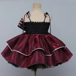 TINY MINY MEE Elastane Knit Sleeveless Bow & Floral Applique Detailed Abstract Glitter Printed Layered Dress - Wine image 3