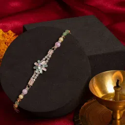 PANASH Gold Plated American Diamond Studded & Beaded Thread Rakhi With Roli Chawal-picture-19