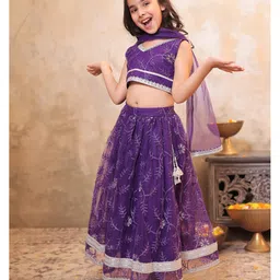 AJ Dezines Net Woven Sleeveless Floral Glitter Embroidered & Gota Lace Embellished Lehenga Choli With Dupatta Set - Purple image 4
