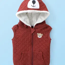 Babyhug Cotton Knit Sleeveless Front Zipper Hooded Vest With Striped T-Shirt & Joggers - Maroon image 4