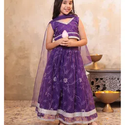 AJ Dezines Net Woven Sleeveless Floral Glitter Embroidered & Gota Lace Embellished Lehenga Choli With Dupatta Set - Purple image 5
