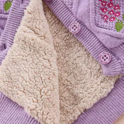 Yellow Apple Viscose Knit Full Sleeves Hooded Front Open Sweater With Cable Knit Design & Floral Embroidery - Lilac image 5