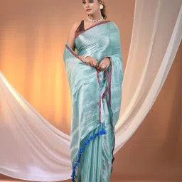 CHARUKRITI Aqua Blue Blended Solid Saree With Unstitched Blouse image 3