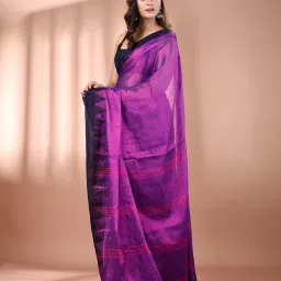 CHARUKRITI Purple Blended Solid Saree With Unstitched Blouse image 3