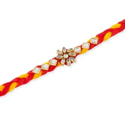 NVR Men Set of 3 Red & Yellow Kundan Studded Floral Design Thread Rakhi Combo image 3
