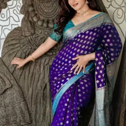 Satrani Blue Woven Saree With Unstitched Blouse image 3