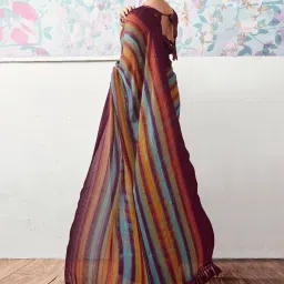 Satrani Brown & Blue Striped Saree With Unstitched Blouse image 3