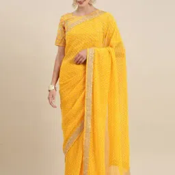 Satrani Yellow Embroidered Georgette Saree With Unstitched Blouse-image-53
