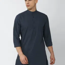 V Dot Navy Blue Cotton Slim Fit Printed Long Shirt-image-60