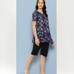 Aarika Black Nylon Printed Short Sleeves Swimsuit With Cap image 3