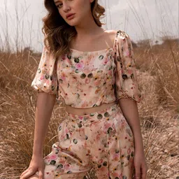 AFRIYA Printed Round Neck Top With Short Co-Ords Set image 1