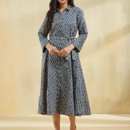 Fabindia Blue & Beige Cotton Hand Block Printed Midi Dress-picture-27