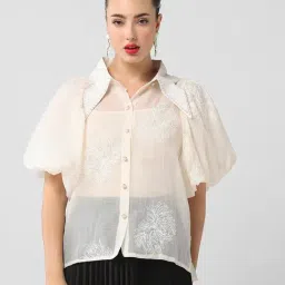 SHOWOFF Cream Cotton Solid Short Sleeves Shirt With Inner Slip-image-13