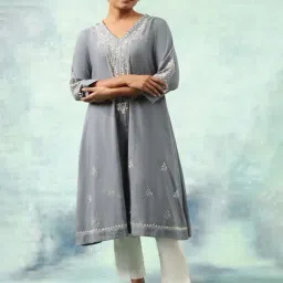 Folksong by W Grey Cotton Embroidered A Line Kurta-picture-18
