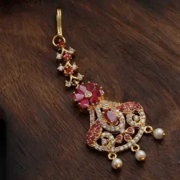Aatmana Gold-Plated Pink & White AD-Studded & Beaded Handcrafted Maang Tikka for Women & Girls-image-0