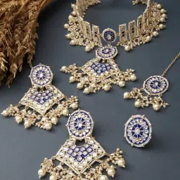 Zaveri Pearls Blue Meenakari Dazzling Kundan Choker Necklace Earring Maangtikka & Ring Set-ZPFK13607-image-35