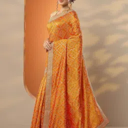Libas Orange Printed Saree With Unstitched Blouse image 3