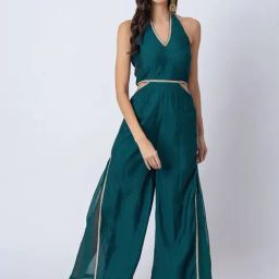 Moomaya Blue Silk Regular Fit Jumpsuit-picture-2
